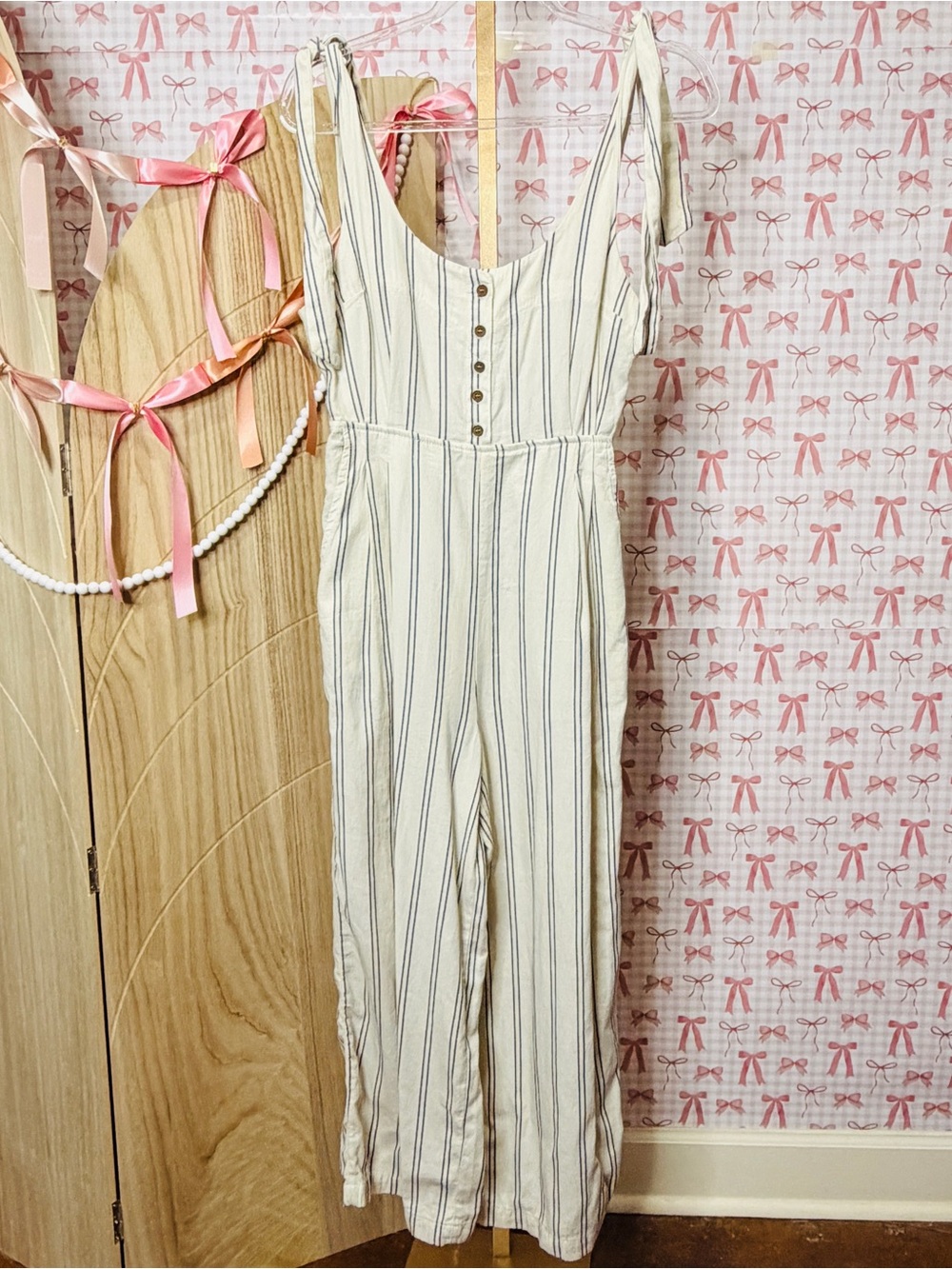 Free People Cream & Navy PinStriped Linen Tie-Shoulder Wide Leg Crop Jumpsuit 2